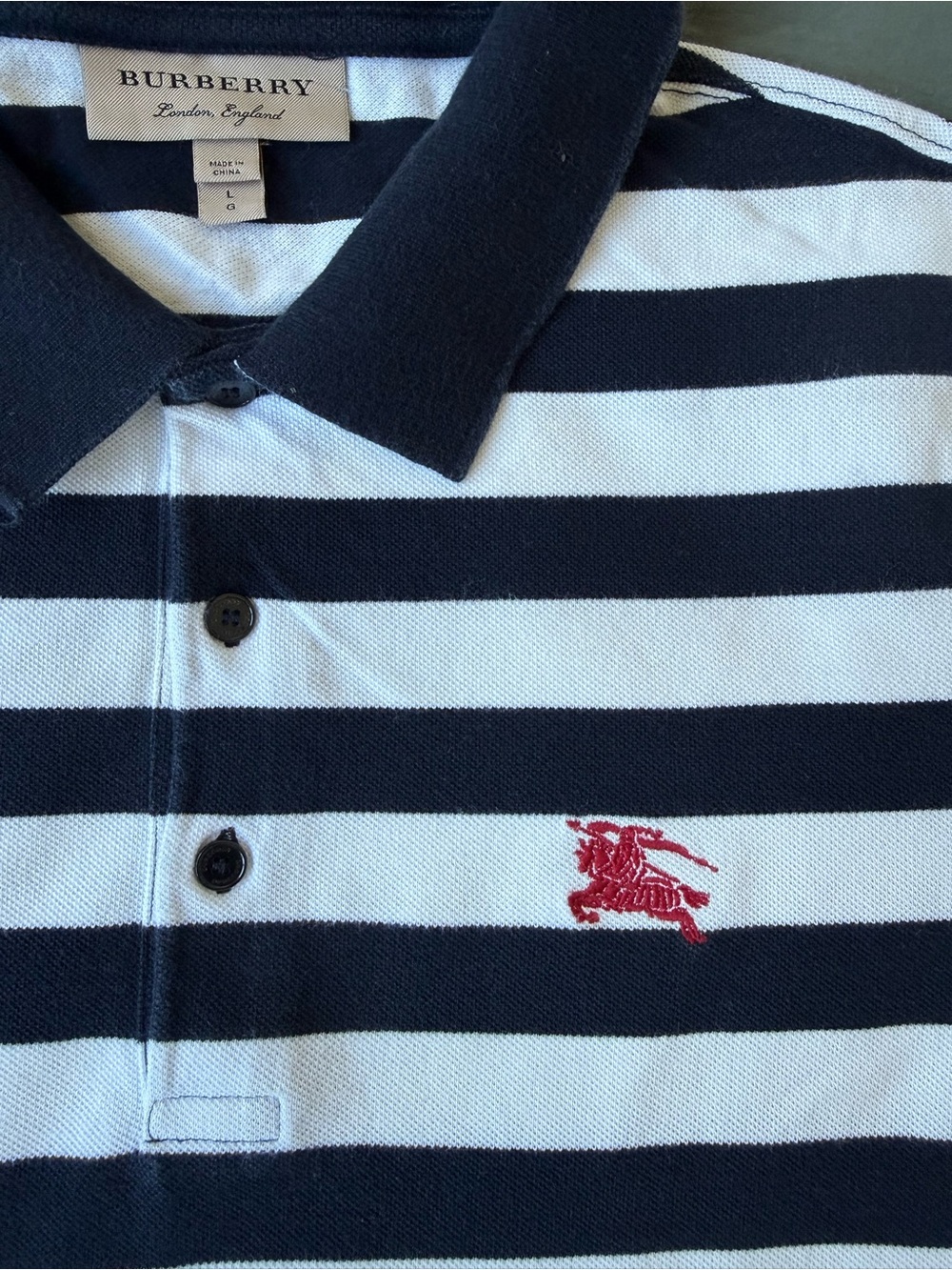 Burberry Black & White Striped Polo with Red Logo Patch - Picture 3 of 5